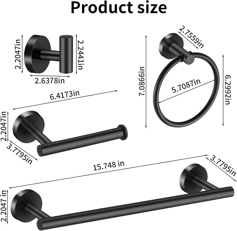 Hinmood Towel Bar Set Mattel Black, Bathroom Accessories Set 5pcs Including 16'' Tower Bar, Towel Ring and 2 PCS Towel Hooks - Image 2